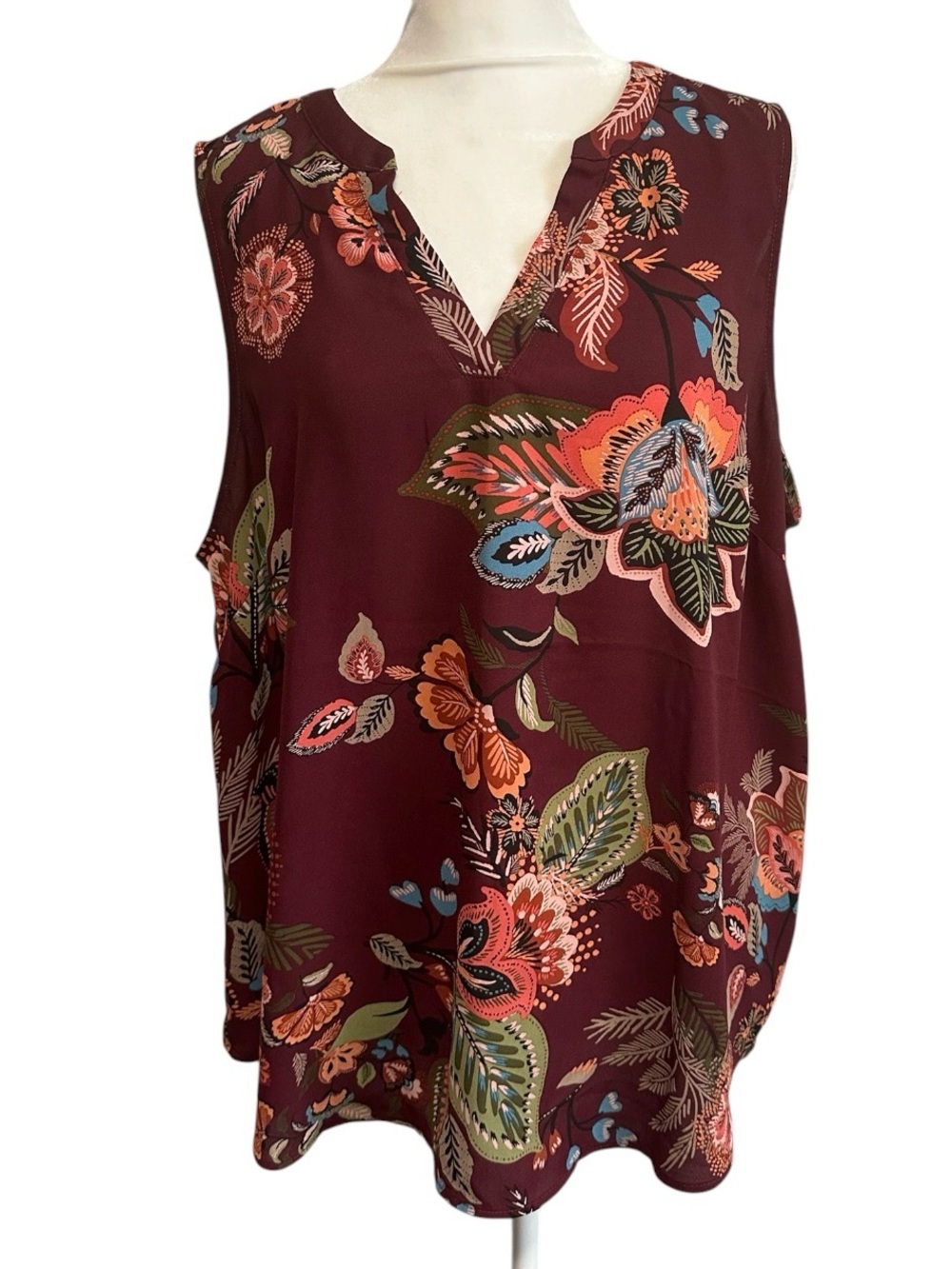 Maurices Floral V-Neck Sleeveless Top - Burgundy Multi color size 1X
